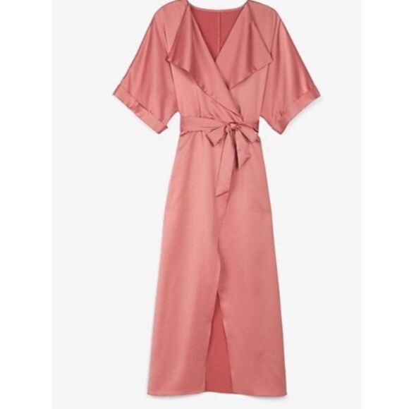 Express Satin Wrap Midi Dress in Rose Pink - Picture 2 of 11